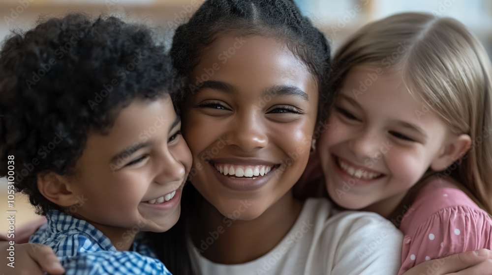 Smiling Teacher Embracing Group of Happy Students in Classroom Smiling Teacher Embracing Group of Happy Students in Classroom