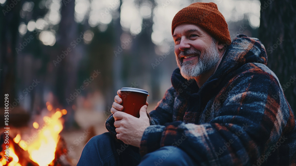 Man enjoying coffee by campfire in winter forest wearing warm jacket and beanie Man enjoying coffee by campfire in winter forest wearing warm jacket and beanie
