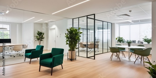 Modern open plan office space, minimalist design, glass partition walls, wooden floors, green velvet armchairs, indoor plants, white brick walls, natural lighting, sleek furniture, contemporary worksp photo