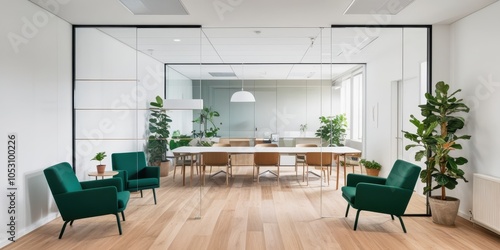 Modern open plan office space, minimalist design, glass partition walls, wooden floors, green velvet armchairs, indoor plants, white brick walls, natural lighting, sleek furniture, contemporary worksp photo