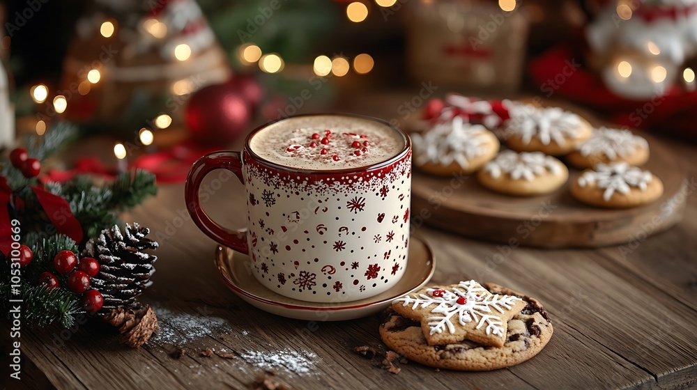 A charming holiday table scene featuring a hot drink in a festive mug, assorted Christmas cookies, rustic wood table, twinkling fairy lights casting a warm glow, A charming holiday table scene featuring a hot drink in a festive mug, assorted Christmas cookies, rustic wood table, twinkling fairy lights casting a warm glow,