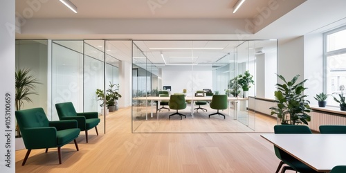 Modern open plan office space, minimalist design, glass partition walls, wooden floors, green velvet armchairs, indoor plants, white brick walls, natural lighting, sleek furniture, contemporary worksp photo