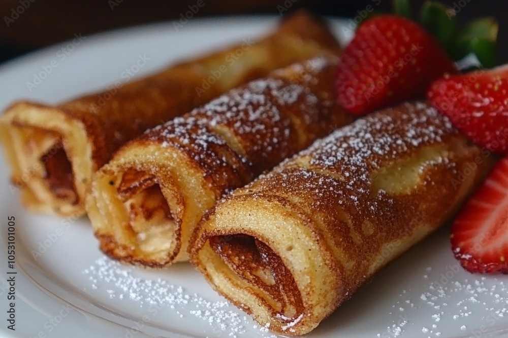 rolled pancakes with strawberries on a plate rolled pancakes with strawberries on a plate