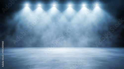 Empty stage illuminated by spotlights and enveloped in smoke, a captivating scene of anticipation