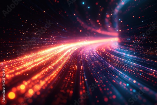 Abstract swirling light trails with red and blue particles in a dark background.