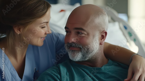 A caring interaction between a nurse and a patient in a hospital setting, showcasing compassion and support.