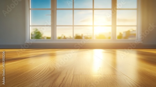 Warm sunlight illuminates gleaming hardwood floor  leading to a bright window in spacious interior