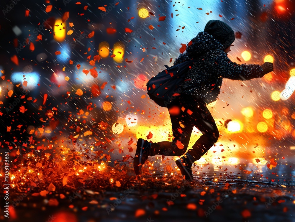 Child Joyfully Running Through a Colorful Rainy Cityscape Filled with Autumn Leaves Child Joyfully Running Through a Colorful Rainy Cityscape Filled with Autumn Leaves