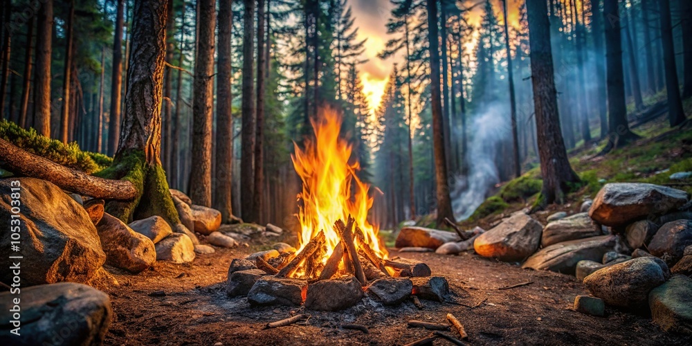 A crackling bonfire on a rugged forest floor surrounded by tall trees and rocks, trees, wilderness, campfire, firewood A crackling bonfire on a rugged forest floor surrounded by tall trees and rocks, trees, wilderness, campfire, firewood