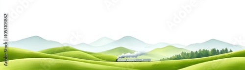 A scenic train journey through lush green hills and mountains, representing adventure and exploration. photo