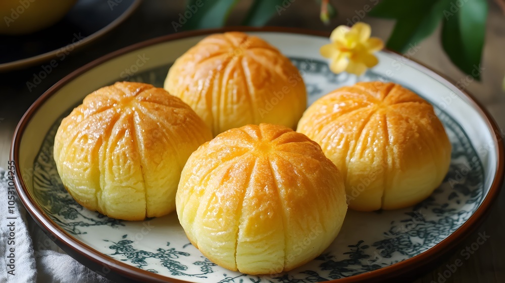 A plate of melon pan, sweet bread with a crunchy cookie crust, resembling a melon.
A plate of melon pan, sweet bread with a crunchy cookie crust, resembling a melon.