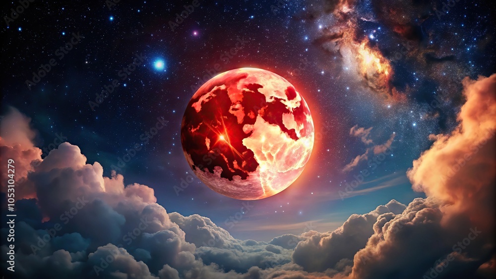A crimson moon glows brightly in a midnight sky with dark clouds and twinkling stars, night sky, starry night, lunar phase, cloud formations, full moon A crimson moon glows brightly in a midnight sky with dark clouds and twinkling stars, night sky, starry night, lunar phase, cloud formations, full moon