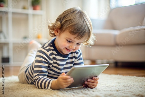 Cute Little Child Playing Game On Digital Tablet