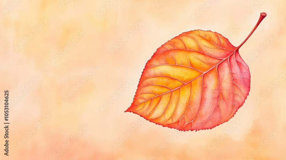 A vibrant red and orange leaf against a soft peach background, showcasing the beauty of autumn. A vibrant red and orange leaf against a soft peach background, showcasing the beauty of autumn.