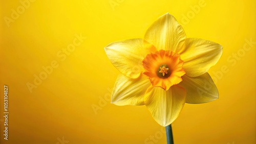 A daffodil flower in full bloom with trumpet-shaped petals and bright yellow center against a plain yellow background, landscape, blooming
