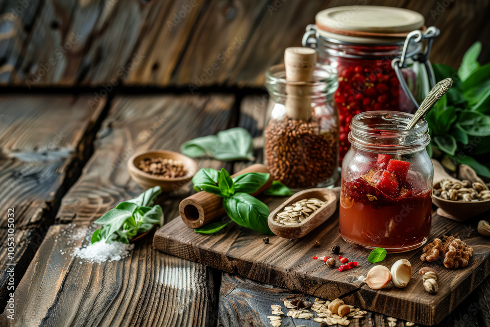 Wooden table with jars of food and spices, including a jar of red sauce Wooden table with jars of food and spices, including a jar of red sauce