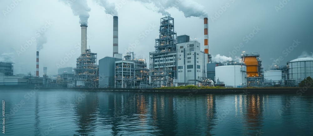 Naklejka premium A large industrial complex with smoke stacks and a reflecting water body.