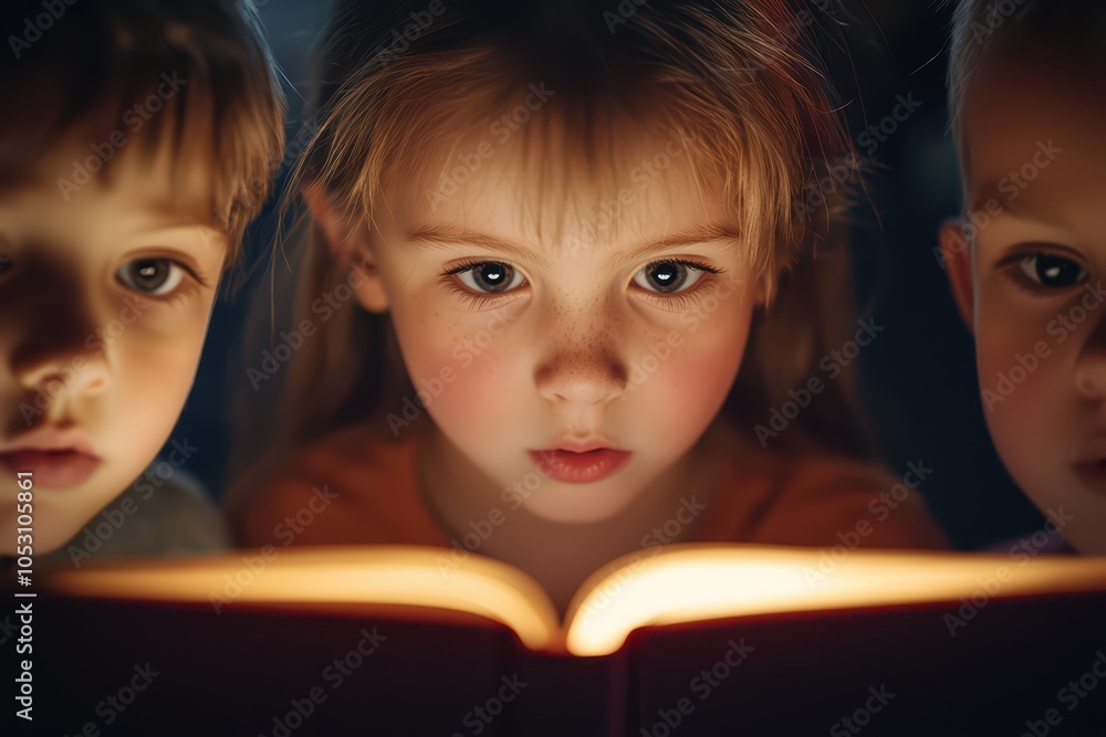 Children captivated by a book's glow in a dimly lit room, highlighting the joy of reading and imagination. Children captivated by a book's glow in a dimly lit room, highlighting the joy of reading and imagination.