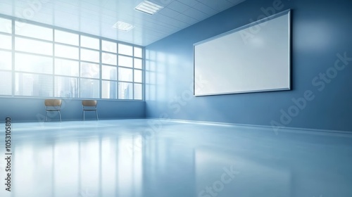Empty modern office space with blank computer screen and minimalist design