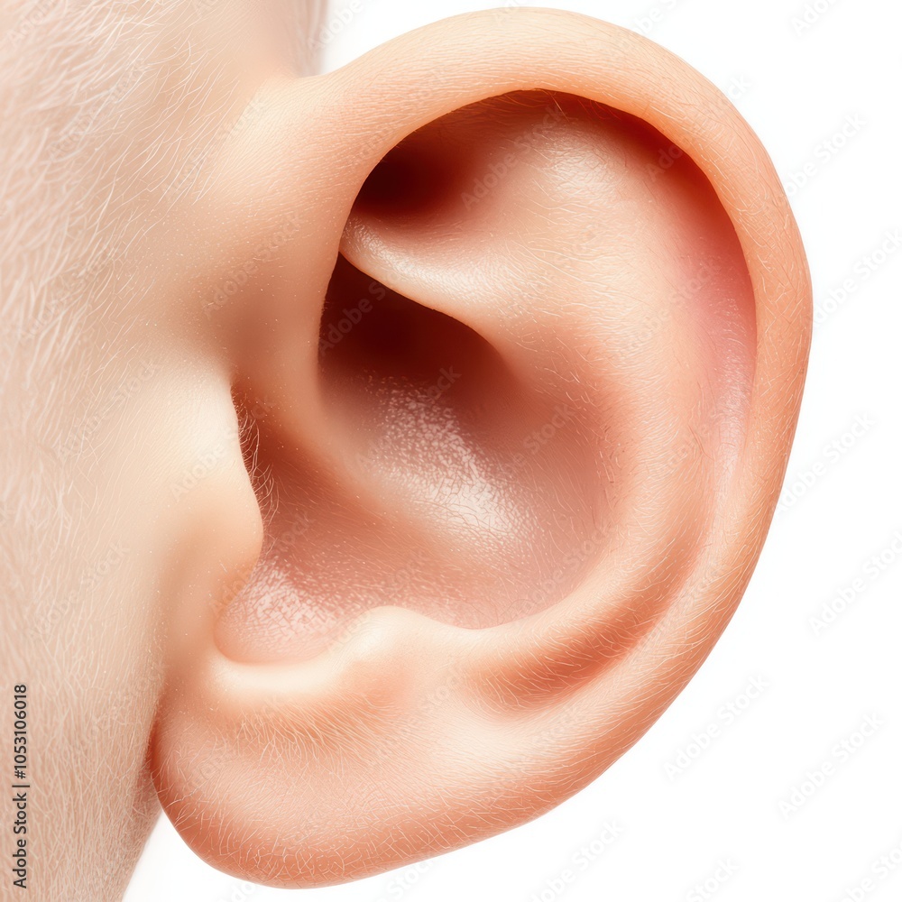 Close-up of a human ear, showcasing its intricate details and smooth texture, white isolated background. Close-up of a human ear, showcasing its intricate details and smooth texture, white isolated background.