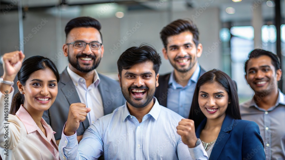 Obraz premium A group of Indian professionals celebrating a milestone, with a soft blur of the office behind. 