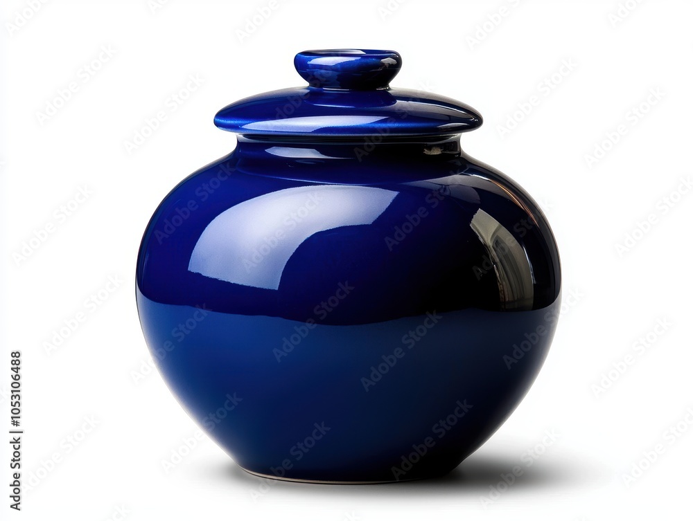 A blue ceramic vase with a blue lid sits on a white background A blue ceramic vase with a blue lid sits on a white background