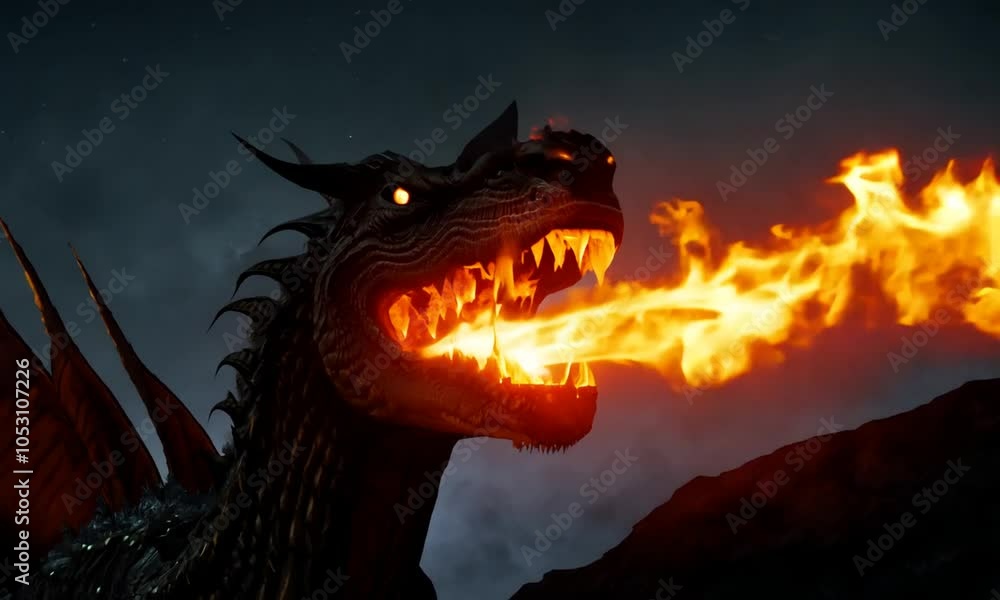 Breath of fire explodes from a giant dragon in a black night in the epic battle. Generative AI Breath of fire explodes from a giant dragon in a black night in the epic battle. Generative AI