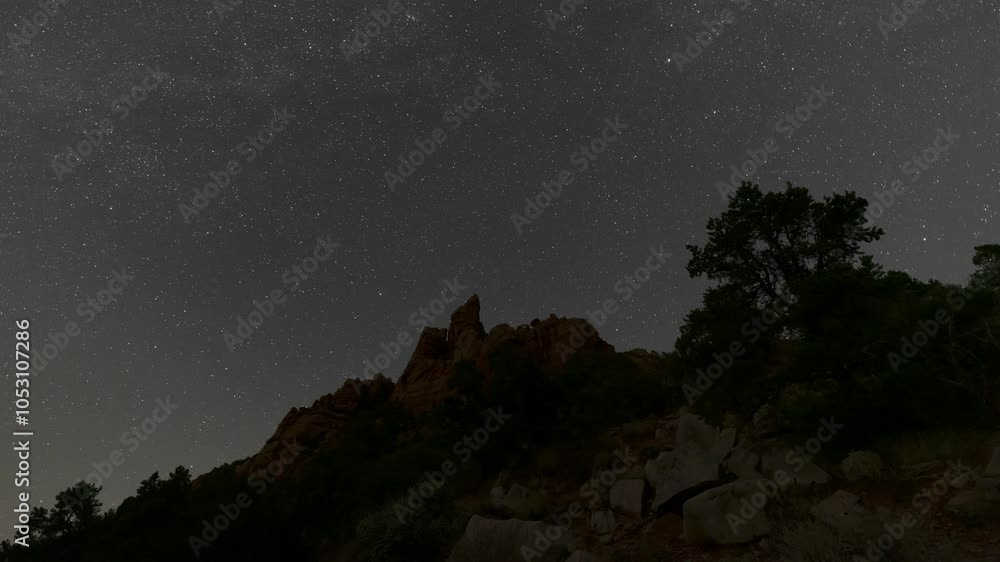 4k time lapse video of moon light fading to dark night on a steep mountain slope covered with juniper trees below towering red cliffs and wheeling stars in a remote part of Zion Nat. Park, Utah, USA. 4k time lapse video of moon light fading to dark night on a steep mountain slope covered with juniper trees below towering red cliffs and wheeling stars in a remote part of Zion Nat. Park, Utah, USA.