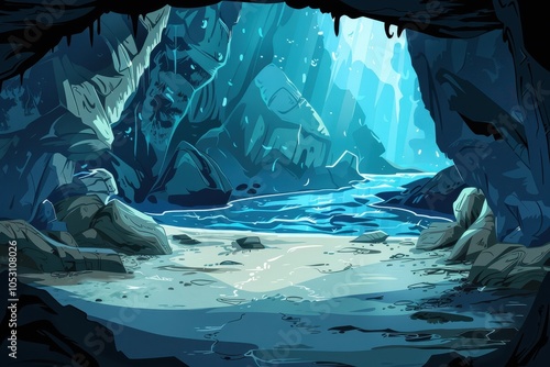Mysterious Cave Entrance with Blue Water