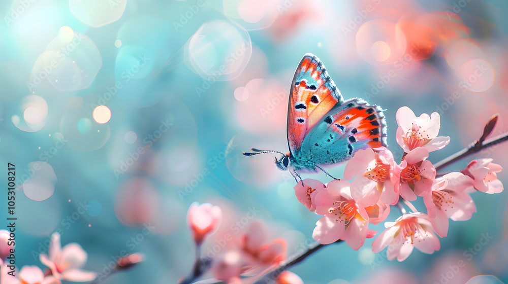 Obraz premium Butterfly on cherry blossoms with bokeh lights on a blue background. Springtime nature and wildlife concept. Design for greeting card, invitation, banner, poster. Macro shot with copy space