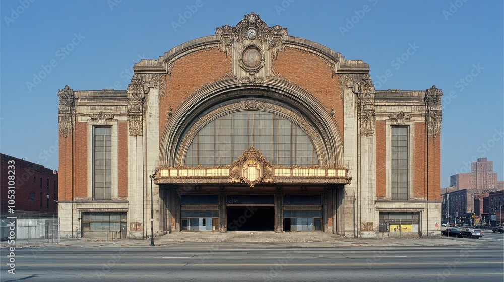 Obraz premium Ornate Brick Building Facade with Large Windows and a Grand Entrance