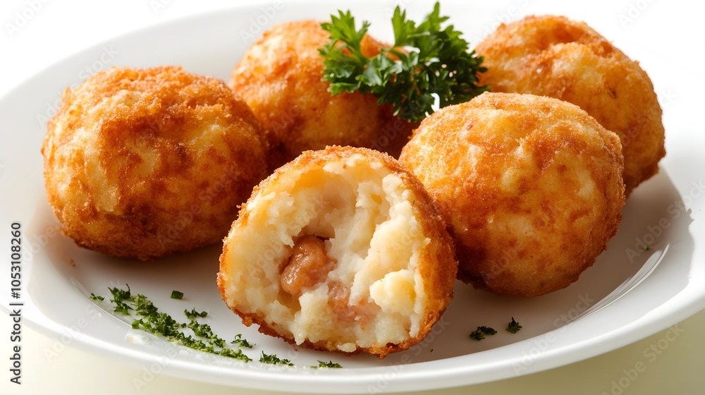A serving of korokke, deep-fried croquettes filled with mashed potatoes or ground meat.
A serving of korokke, deep-fried croquettes filled with mashed potatoes or ground meat.