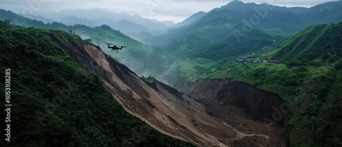 Dramatic drone view of a landslide in lush green mountains under cloudy sky. photo