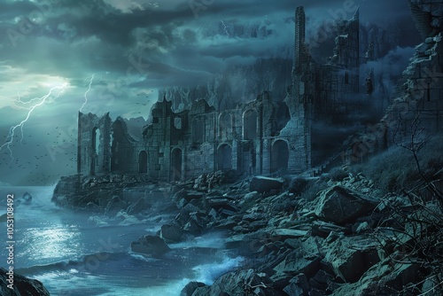 Ruined Fortress by the Sea Under a Stormy Sky