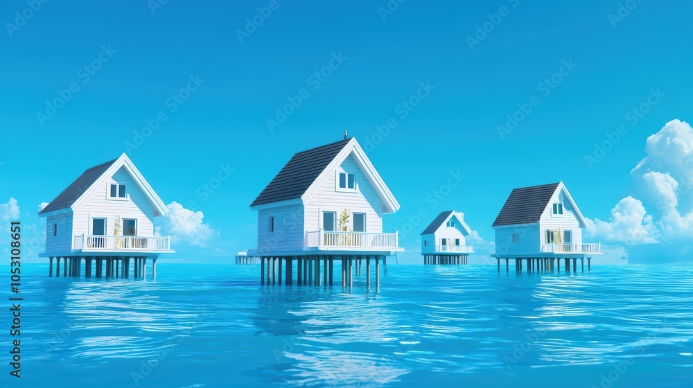 Four modern houses on stilts over serene blue water under a clear sky. Four modern houses on stilts over serene blue water under a clear sky.