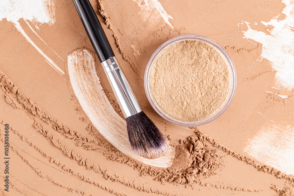 Φωτογραφία A cosmetic jar of loose powder in a natural tone on a powder sample, a brush stroke and makeup brush