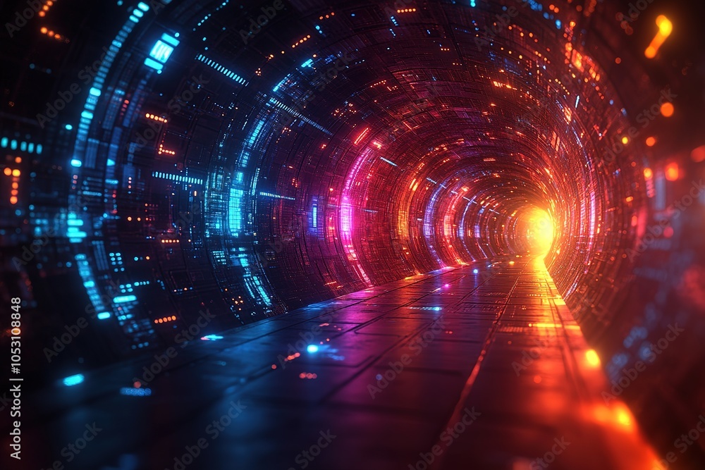 Obraz premium Futuristic neon tunnel with glowing lights.