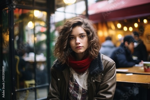 Portrait of young beautiful woman in Parisian cafe, France.