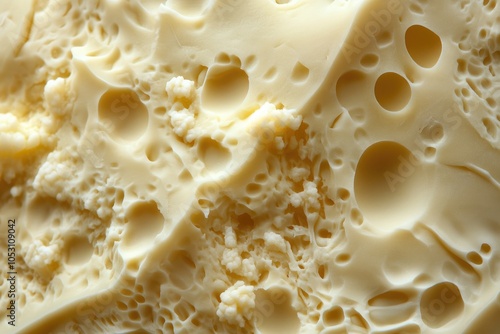 Close-up of a Creamy, Holey Swiss Cheese Texture photo