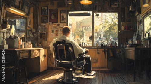 A serene barbershop scene with a customer waiting in a vintage chair, sunlight streaming in.