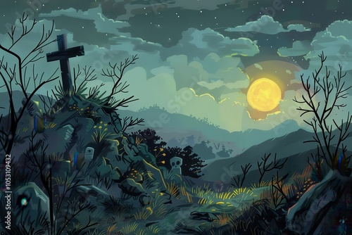 A Mystical Nighttime Landscape with a Cross