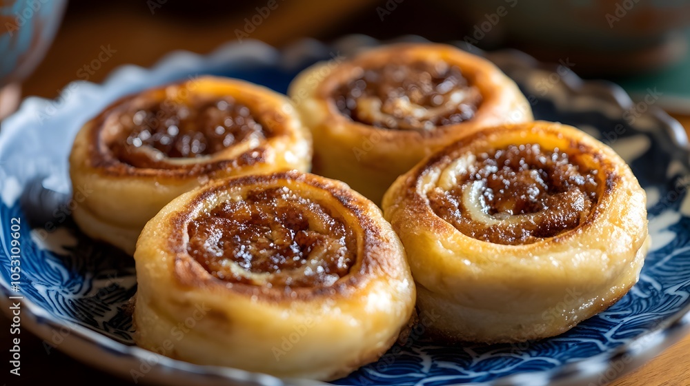 A serving of obanyaki, round pancakes filled with sweet red bean paste, often served warm.
A serving of obanyaki, round pancakes filled with sweet red bean paste, often served warm.
