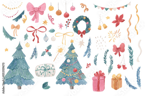 Watercolor Christmas tree, garland, bows, fir branches, Christmas wreath illustration for kids