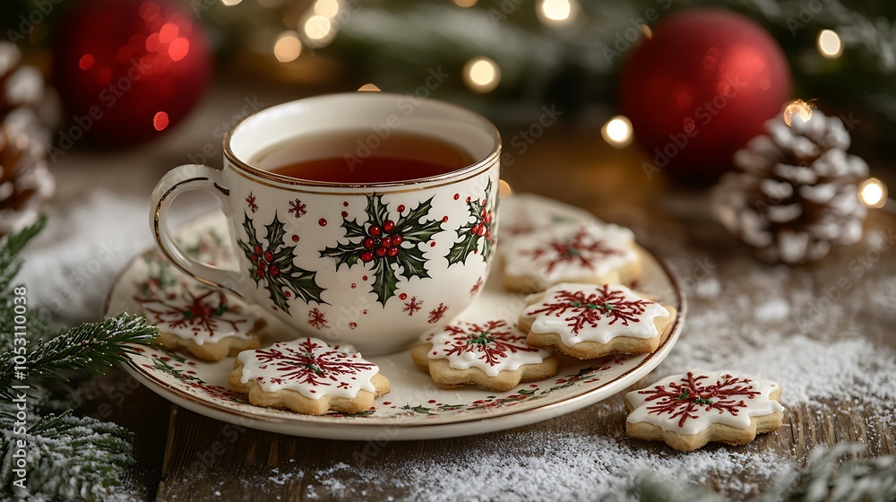Fototapeta premium A festive Christmas table featuring a hot cup of tea, holiday-themed cookies with icing, and glowing string lights, set against a snowy background, soft lighting adding warmth,