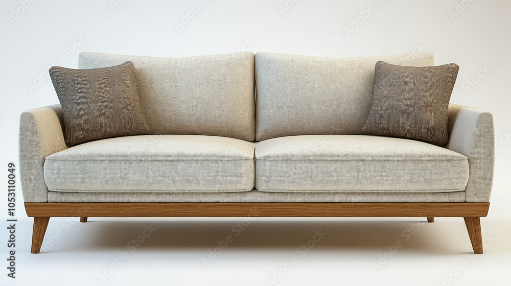 A Modern Beige Fabric Sofa with Wooden Legs and Throw Pillows A Modern Beige Fabric Sofa with Wooden Legs and Throw Pillows