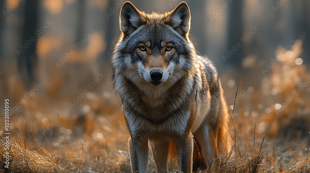 A lone wolf stands in a forest, looking directly at the camera. The wolf's fur is brown and gray, and its eyes are golden. The background is blurry A lone wolf stands in a forest, looking directly at the camera. The wolf's fur is brown and gray, and its eyes are golden. The background is blurry