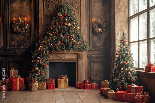 Wallpaper Mural Christmas Decor with Decorated Trees, Presents, and a Fireplace Torontodigital.ca