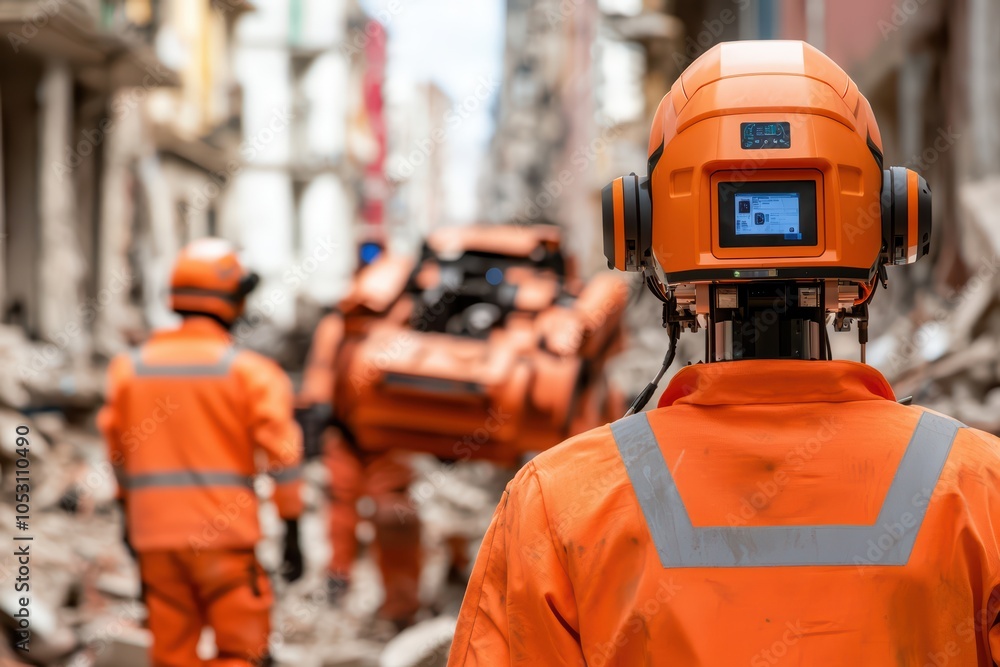 Fototapeta premium Rescue workers in orange suits operating in a disaster zone, focused on recovery efforts amidst rubble and debris.