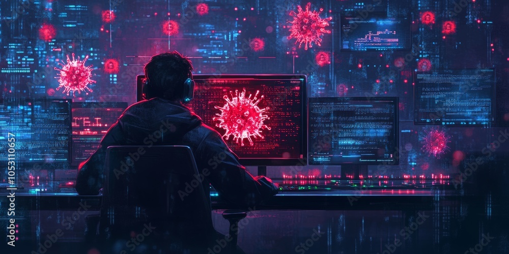 Digital Intrusion, a hacker at a control panel unleashes a virus into the network, vibrant effects and shadows enhancing the tension Digital Intrusion, a hacker at a control panel unleashes a virus into the network, vibrant effects and shadows enhancing the tension
