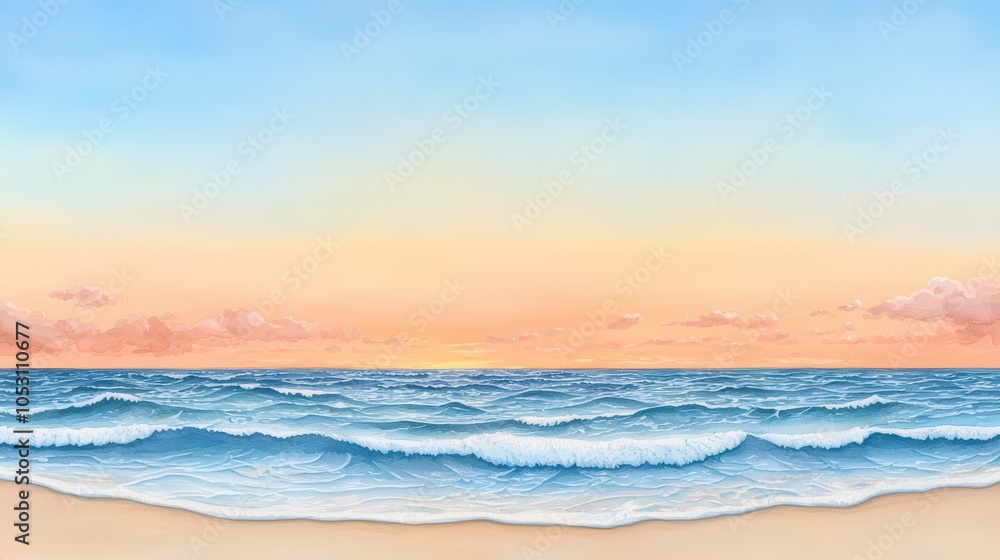 Serene beach view with gentle waves under a pastel sky during sunset, perfect for relaxation and tranquility. Serene beach view with gentle waves under a pastel sky during sunset, perfect for relaxation and tranquility.